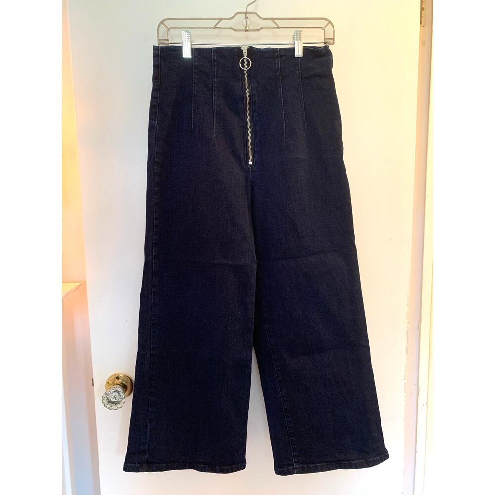High Rise Wide Leg Cropped Jeans Exposed Ring Pull Zipper Dark Wash Culotte 28